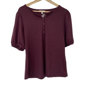 REITMANS DEEP PLUM PURPLE/BURGUNDY TEXTURED TOP WITH BISHOP SLEEVES, LARGE